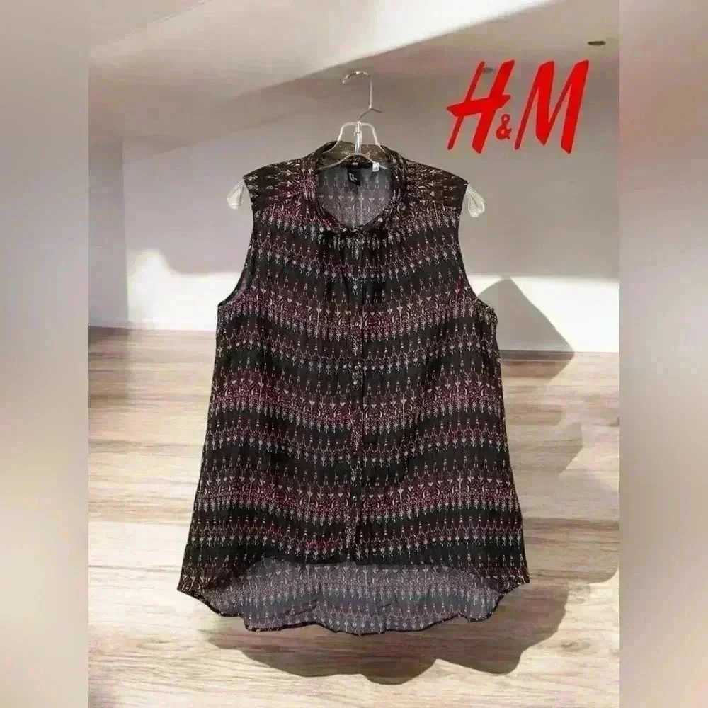 H&M, Vibrant Patterned Semi-Transparent Sleeveless Blouse, Size 12, Navy, Red π - Picture 1 of 7